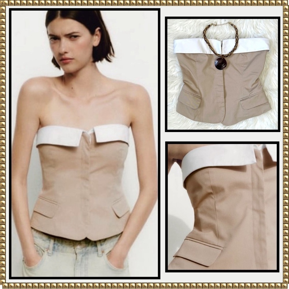 Zara Beige and White Strapless Corset Top